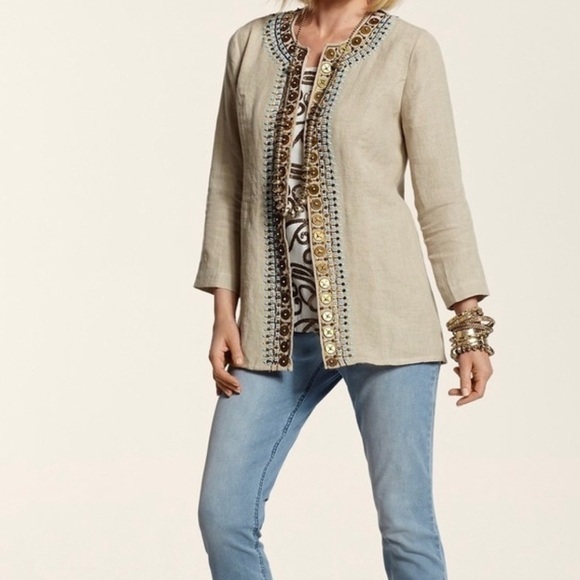 Chico's NWOT Duster Embellished Coin 3/4 Sleeve Tan Blazer Top Size 0 Small - Picture 3 of 10